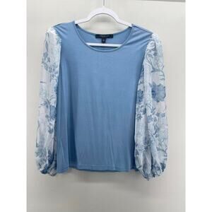 Marc New York Dusty Blue Sheer Floral Sleeves Casual Top Blouse